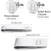 imageORAZIO 4 PCS Initial Cufflinks and Tie Clips for Men Stainless Steel Personalized Engraved Cuff Links and Tie Bar Money Clip Set Alphabet Letter AZ with Gift Box for Father HusbandLetterBSilver Tone