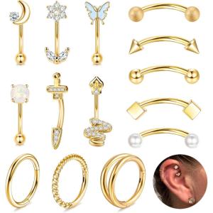 imageORAZIO 14 PCS Rook Piercing Jewelry Surgical Steel Eyebrow Piercing 16G Rook Earrings for Women Curved Barbells Eyebrow Rings Belly Lip Ring Cartilage Daith Helix Tragus Body PiercingsGold Tone
