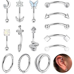 imageORAZIO 14 PCS Rook Piercing Jewelry Surgical Steel Eyebrow Piercing 16G Rook Earrings for Women Curved Barbells Eyebrow Rings Belly Lip Ring Cartilage Daith Helix Tragus Body PiercingsSilver Tone
