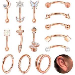 imageORAZIO 14 PCS Rook Piercing Jewelry Surgical Steel Eyebrow Piercing 16G Rook Earrings for Women Curved Barbells Eyebrow Rings Belly Lip Ring Cartilage Daith Helix Tragus Body PiercingsRose Gold