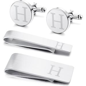 imageORAZIO 4 PCS Initial Cufflinks and Tie Clips for Men Stainless Steel Personalized Engraved Cuff Links and Tie Bar Money Clip Set Alphabet Letter AZ with Gift Box for Father HusbandLetterHSilver Tone
