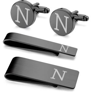 imageORAZIO 4 PCS Initial Cufflinks and Tie Clips for Men Stainless Steel Personalized Engraved Cuff Links and Tie Bar Money Clip Set Alphabet Letter AZ with Gift Box for Father HusbandLetterNBlack Tone