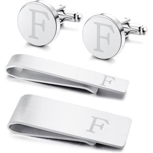 imageORAZIO 4 PCS Initial Cufflinks and Tie Clips for Men Stainless Steel Personalized Engraved Cuff Links and Tie Bar Money Clip Set Alphabet Letter AZ with Gift Box for Father HusbandLetterFSilver Tone