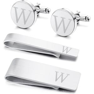 imageORAZIO 4 PCS Initial Cufflinks and Tie Clips for Men Stainless Steel Personalized Engraved Cuff Links and Tie Bar Money Clip Set Alphabet Letter AZ with Gift Box for Father HusbandLetterWSilver Tone