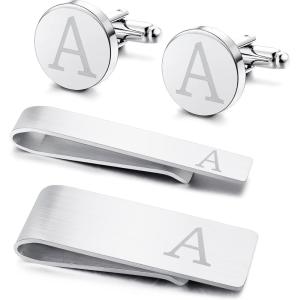 imageORAZIO 4 PCS Initial Cufflinks and Tie Clips for Men Stainless Steel Personalized Engraved Cuff Links and Tie Bar Money Clip Set Alphabet Letter AZ with Gift Box for Father HusbandLetterASilver Tone