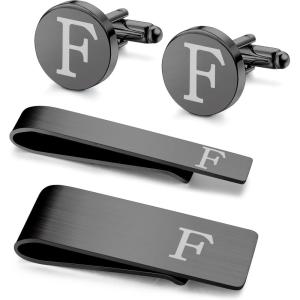 imageORAZIO 4 PCS Initial Cufflinks and Tie Clips for Men Stainless Steel Personalized Engraved Cuff Links and Tie Bar Money Clip Set Alphabet Letter AZ with Gift Box for Father HusbandLetterFBlack Tone