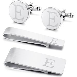 imageORAZIO 4 PCS Initial Cufflinks and Tie Clips for Men Stainless Steel Personalized Engraved Cuff Links and Tie Bar Money Clip Set Alphabet Letter AZ with Gift Box for Father HusbandLetterESilver Tone