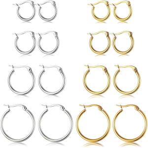 imageORAZIO 4 Pairs Stainless Steel Hoop Earrings Set Cute Huggie Earrings for Women10MM20MME Silvertone 4 pairs Goldtone 4 pairs