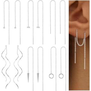 imageORAZIO 6 Pairs Stainless Steel Chain Tassel Earrings for Women Lightweight Wave Threader Ball Dangle Drop Minimalist Chain Earrings SetASilvertone