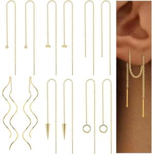 imageORAZIO 6 Pairs Stainless Steel Chain Tassel Earrings for Women Lightweight Wave Threader Ball Dangle Drop Minimalist Chain Earrings SetBGoldtone