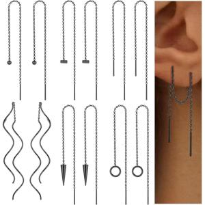 imageORAZIO 6 Pairs Stainless Steel Chain Tassel Earrings for Women Lightweight Wave Threader Ball Dangle Drop Minimalist Chain Earrings SetCBlacktone