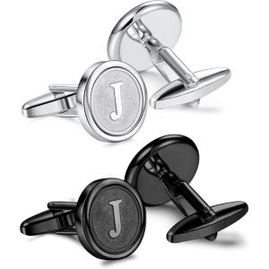 imageORAZIO Cufflinks For Men Engraved Initials Cufflinks Silver Black Set Stainless Steel Tuxedo Shirt Cuff Links Letter Alphabet AZ Gift With Box For WeddingDadGroomGroommenHusbandJ