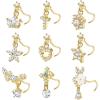 imageORAZIO 9 PCS Dangle Nose Rings  L Shaped for Women 20G Stainless Steel Nose Rings Studs with CZ Cross Crown Flower Heart Dangling Piercing JewelrySGold Tone