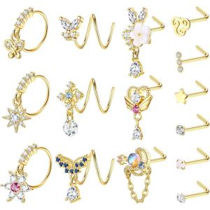 imageORAZIO 15Pcs Dangle Nose Rings for Women  Surgical Stainless Steel L Shaped Studs 20G Double Ring for Single Piercing  CZ Butterfly Hoops With Charm JewelryGold Tone