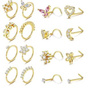 imageORAZIO 16Pcs Nose Rings  Womens Surgical Steel Nose Studs ampamp Hoops 20G L Shaped Corkscrew Gold SilverGold Tone