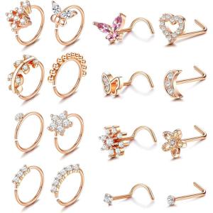 imageORAZIO 16Pcs Nose Rings  Womens Surgical Steel Nose Studs ampamp Hoops 20G L Shaped Corkscrew Gold SilverRose Gold
