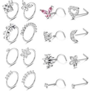 imageORAZIO 16Pcs Nose Rings  Womens Surgical Steel Nose Studs ampamp Hoops 20G L Shaped Corkscrew Gold SilverSilver Tone