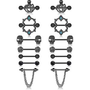 imageORAZIO 7 Pairs 14G Nipplerings for Women Stainless Steel Heart Shape CZ Tongue Nipple Rings Barbell Piercing Body JewelryBlack