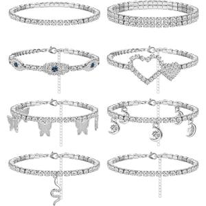 imageORAZIO 8 PCS Ankle Bracelets for Women Rhinestone Anklets Silver Tennis Anklet CZ Butterfly Heart Adjustable Beach Anklets Bracelet Foot Jewelry Set for SummerSilver Tone