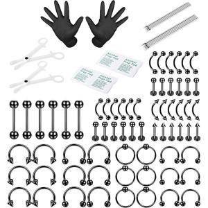 imageORAZIO 84PCS Professional Piercing Kit Stainless Steel 14G 16G Belly Tongue Tragus Nipple Lip Nose Ring Body JewelryB1SET Black