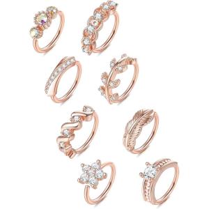 imageORAZIO 8Pcs 20G Stainless Steel Nose Ring Hoop Paved CZ Leaf Cartilage Earring for Women Body Ear Piercing Hoop Ring for Nose Ear CartilageCRose Gold Tone
