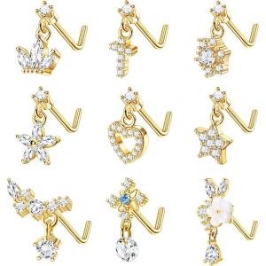 imageORAZIO 9 PCS Dangle Nose Rings  L Shaped for Women 20G Stainless Steel Nose Rings Studs with CZ Cross Crown Flower Heart Dangling Piercing JewelryLGold Tone