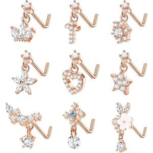 imageORAZIO 9 PCS Dangle Nose Rings  L Shaped for Women 20G Stainless Steel Nose Rings Studs with CZ Cross Crown Flower Heart Dangling Piercing JewelryLRose Gold