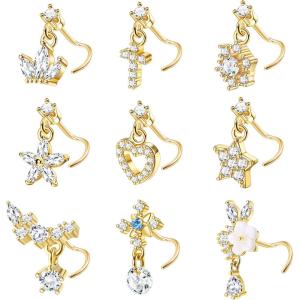 imageORAZIO 9 PCS Dangle Nose Rings  L Shaped for Women 20G Stainless Steel Nose Rings Studs with CZ Cross Crown Flower Heart Dangling Piercing JewelrySGold Tone