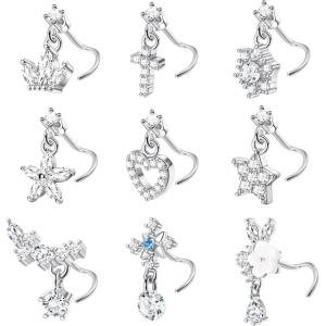 imageORAZIO 9 PCS Dangle Nose Rings  L Shaped for Women 20G Stainless Steel Nose Rings Studs with CZ Cross Crown Flower Heart Dangling Piercing JewelrySSilver Tone