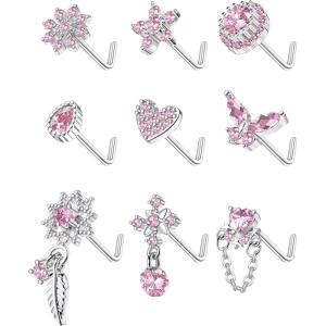 imageORAZIO 9Pcs 20G Nose Rings Studs for Women Stainless Steel Nose Stud L Shaped Cute Dangle Nose Rings Butterfly Heart Star Feather Flower CZ L Shaped Nose Ring Studs Silver Dangling Nose Piercing JewerlyPink