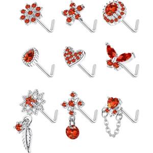 imageORAZIO 9Pcs 20G Nose Rings Studs for Women Stainless Steel Nose Stud L Shaped Cute Dangle Nose Rings Butterfly Heart Star Feather Flower CZ L Shaped Nose Ring Studs Silver Dangling Nose Piercing JewerlyRed