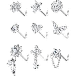 imageORAZIO 9Pcs 20G Nose Rings Studs for Women Stainless Steel Nose Stud L Shaped Cute Dangle Nose Rings Butterfly Heart Star Feather Flower CZ L Shaped Nose Ring Studs Silver Dangling Nose Piercing JewerlyWhite