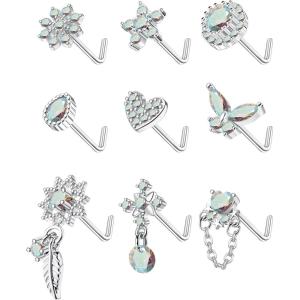 imageORAZIO 9Pcs 20G Nose Rings Studs for Women Stainless Steel Nose Stud L Shaped Cute Dangle Nose Rings Butterfly Heart Star Feather Flower CZ L Shaped Nose Ring Studs Silver Dangling Nose Piercing JewerlyAB