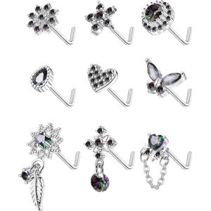 imageORAZIO 9Pcs 20G Nose Rings Studs for Women Stainless Steel Nose Stud L Shaped Cute Dangle Nose Rings Butterfly Heart Star Feather Flower CZ L Shaped Nose Ring Studs Silver Dangling Nose Piercing JewerlyColourful
