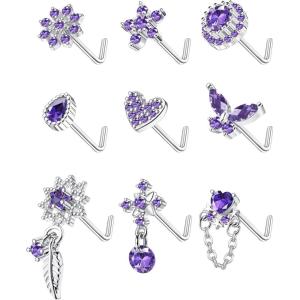 imageORAZIO 9Pcs 20G Nose Rings Studs for Women Stainless Steel Nose Stud L Shaped Cute Dangle Nose Rings Butterfly Heart Star Feather Flower CZ L Shaped Nose Ring Studs Silver Dangling Nose Piercing JewerlyPurple