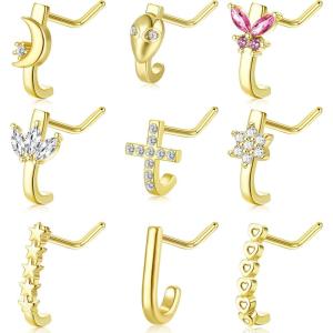 imageORAZIO 9Pcs 20G Nose Stud Nose Rings L Shaped for Women Stainless Steel Nose Studs Cubic Zirconia Star Alien Flower Nose Piercing Jewelry Set