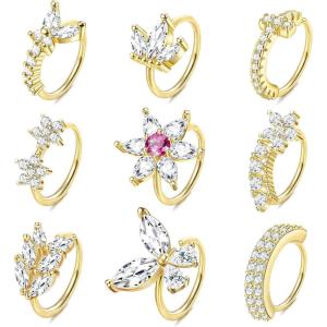 imageORAZIO 9pcs 20G Nose Rings Hoops for Women  Surgical Steel Paved CZ Cartilage Earring Hoop Cute Butterfly Flower Nose Piercing Jewelry  Silver Gold Black Rose GoldGold Tone