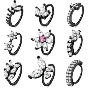 imageORAZIO 9pcs 20G Nose Rings Hoops for Women  Surgical Steel Paved CZ Cartilage Earring Hoop Cute Butterfly Flower Nose Piercing Jewelry  Silver Gold Black Rose GoldBlack