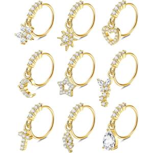 imageORAZIO 9Pcs 20G Dangle Nose Rings Hoops for Women Men Flower Butterfly Cross Heart Moon Star Cubic Zirconia Cartilage Earring Cute Dangling Nose Ring SilverGoldBlackRose Gold Tone Nose Piercing JewelryGold Tone