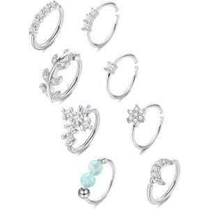 imageORAZIO 8Pcs 20G Stainless Steel Nose Hoop Ring for Women Men Paved CZ Cross Moon Flower Crawler Cartilage Earrings Nose Piercing Hoop Body Piercing JewelrySliverTone