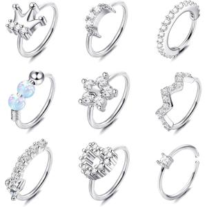 imageORAZIO 9Pcs 20G Nose Rings Paved CZ Stainless Steel Hoops for Women Men Silver Rose Gold Plated Piercings Jewelry Opal 8mm