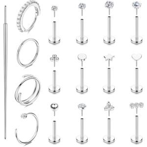 imageORAZIO 14K Gold Filled Nose Rings Studs Hoops for Women Men 20G 18G Hypoallergenic Surgical Steel Push in Threadless Flat Back Earrings CZ Helix Tragus Lip Cartilage Medusa Nostril Piercing JewelrySilver Tone