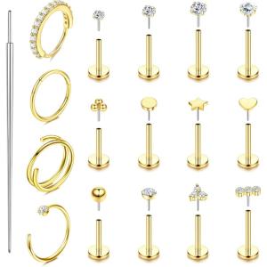 imageORAZIO 14K Gold Filled Nose Rings Studs Hoops for Women Men 20G 18G Hypoallergenic Surgical Steel Push in Threadless Flat Back Earrings CZ Helix Tragus Lip Cartilage Medusa Nostril Piercing JewelryGold Tone