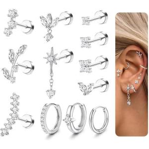 imageORAZIO 16 Gauge Cartilage Earrings for Women Flat Back Hypoallergenic Surgical Steel Small Flatback Stud Hoop Cartilage Earring Stack Set Daith Conch Tragus Helix Piercing Jewelry Single PCSilver Plated Flat Back Earrings