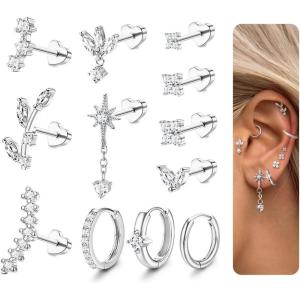 imageORAZIO 16 Gauge Cartilage Earrings for Women Flat Back Hypoallergenic Surgical Steel Small Flatback Stud Hoop Cartilage Earring Stack Set Daith Conch Tragus Helix Piercing Jewelry Single PCSilver Plated Stud Earrings