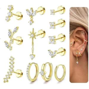 imageORAZIO 16 Gauge Cartilage Earrings for Women Flat Back Hypoallergenic Surgical Steel Small Flatback Stud Hoop Cartilage Earring Stack Set Daith Conch Tragus Helix Piercing Jewelry Single PC14K Gold Plated