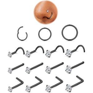 imageORAZIO Nose Rings for Women  14K Gold Filled Hypoallergenic Surgical Steel Nose Ring Hoops 18G20G Small Cute CZ Straight Screw L Shaped Nose Studs Piercings Jewelry for Women Men 15PcsBlack