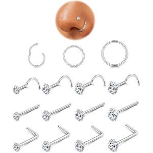 imageORAZIO Nose Rings for Women  14K Gold Filled Hypoallergenic Surgical Steel Nose Ring Hoops 18G20G Small Cute CZ Straight Screw L Shaped Nose Studs Piercings Jewelry for Women Men 15PcsSilver