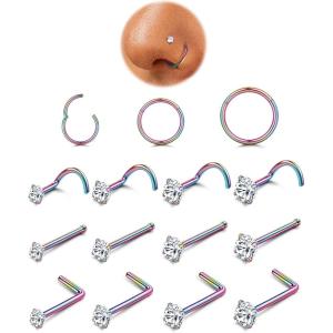 imageORAZIO Nose Rings for Women  14K Gold Filled Hypoallergenic Surgical Steel Nose Ring Hoops 18G20G Small Cute CZ Straight Screw L Shaped Nose Studs Piercings Jewelry for Women Men 15PcsColorful