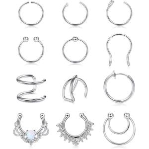 image:imageORAZIO 12Pcs Fake Nose Rings Hoop Stainless Steel Faux Septum Piercing Clip On Nose Septum Ring Faux NonPierced Nose Rings Earrings Jewelry